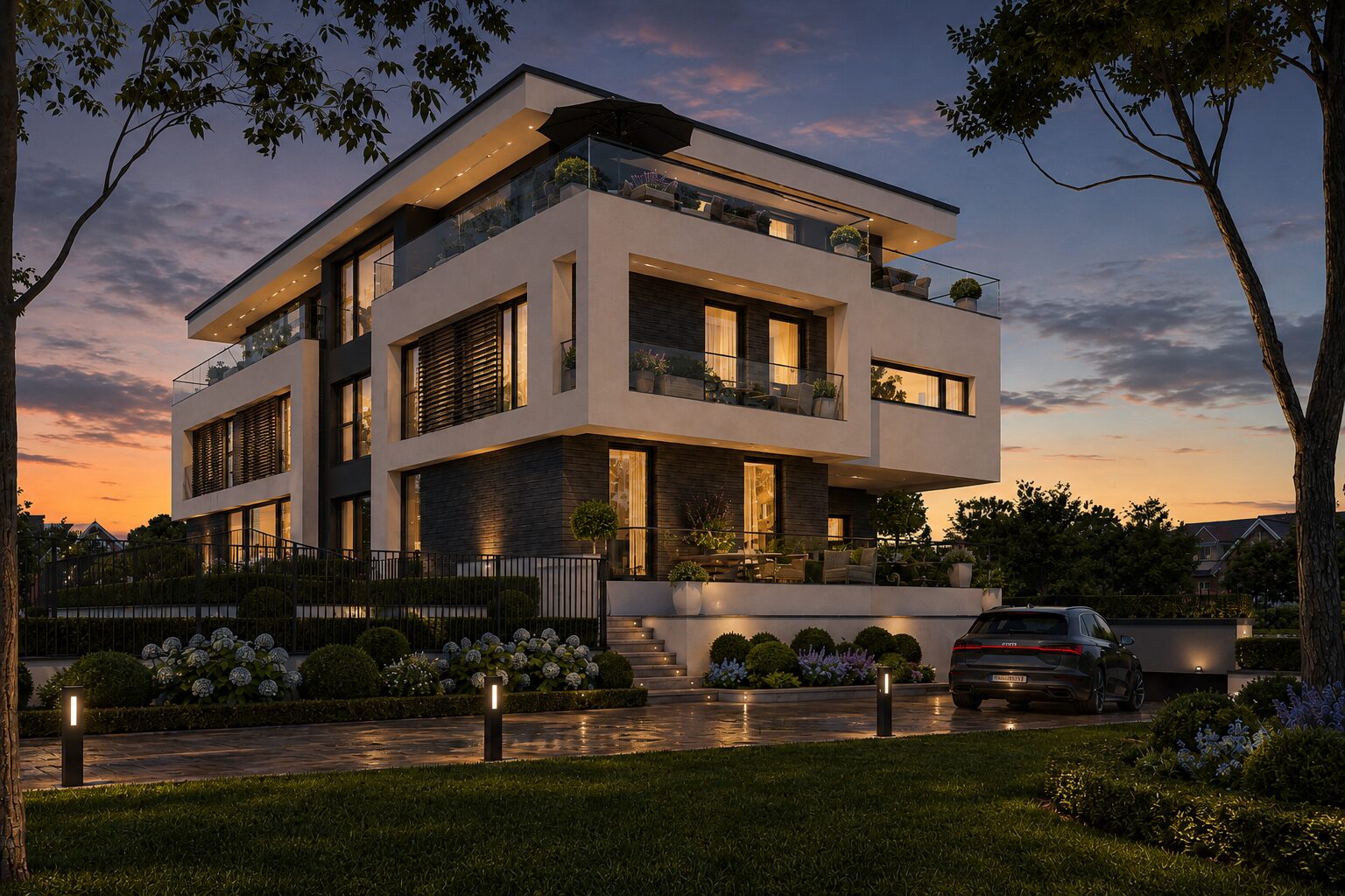 Neubauprojekt Premium Living in Bad Oeynhausen – Außenansicht in Abendstimmung