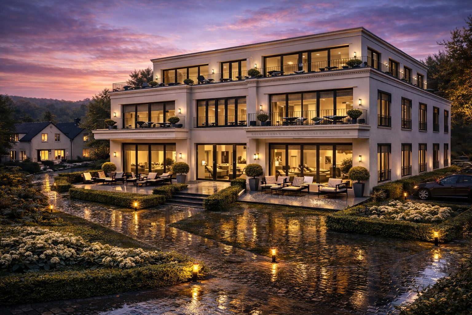 Moderne Neubau-Stadtvilla in Abendstimmung mit beleuchteten Fenstern – Eigenprojekt OWL