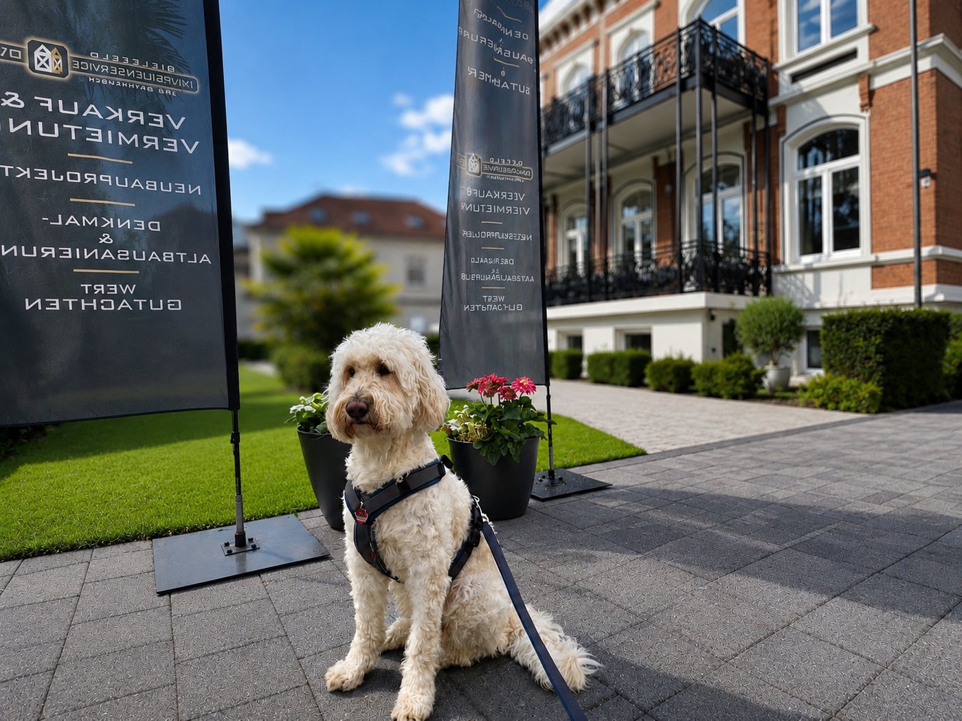 Luna – weißer Goldendoodle, Bürohund bei Immobilienservice OWL